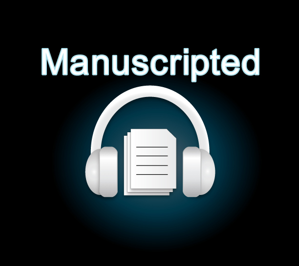 Image of the Manuscripted logo showing a white document in between the speakers of a pair of white over-ear headphones. The text "Manuscripted" is displayed above the headphones in white. The background is dark teal in color.