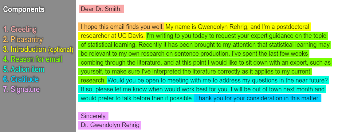 Dear Dr. Smith, I hope this email finds you well. My name is Gwendolyn Rehrig, and I'm a postdoctoral researcher at UC Davis. I'm writing to you today to request your expert guidance on the topic of statistical learning. Recently it has been brought to my attention that statistical learning may be relevant to my own research on sentence production. I've spent the last few weeks combing through the literature, and at this point I would like to sit down with an expert, such as yourself, to make sure I've interpreted the literature correctly as it applies to my current research. Would you be open to meeting with me to address my questions in the near future? If so, please let me know when would work best for you. I will be out of town next month and would prefer to talk before then if possible. Thank you for your consideration in this matter. Sincerely, Dr. Gwendolyn Rehrig