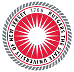 Rutgers University logo showing a central radiating star surrounded by circles. The interior circle has lettering that reads "Rutgers, the State University of New Jersey" in all capital letters. The logo colors are gray and red. The text is in black.